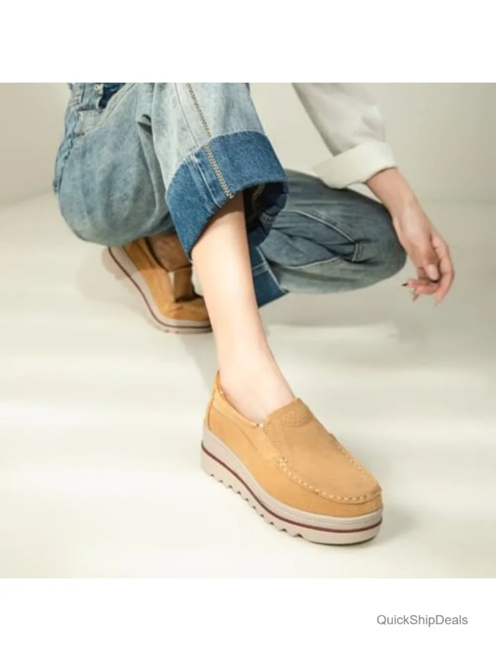 Women's Suede Platform Loafers Wedge Slip-On Comfortable Work Shoes